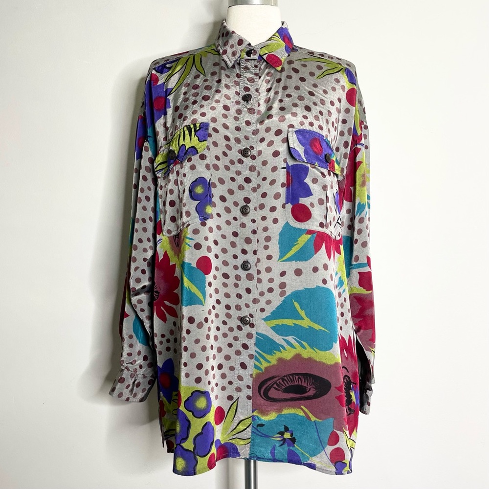 LLOYD WILLIAMS Vintage Dotty Floral Long Sleeve Button Down Blouse Top S…